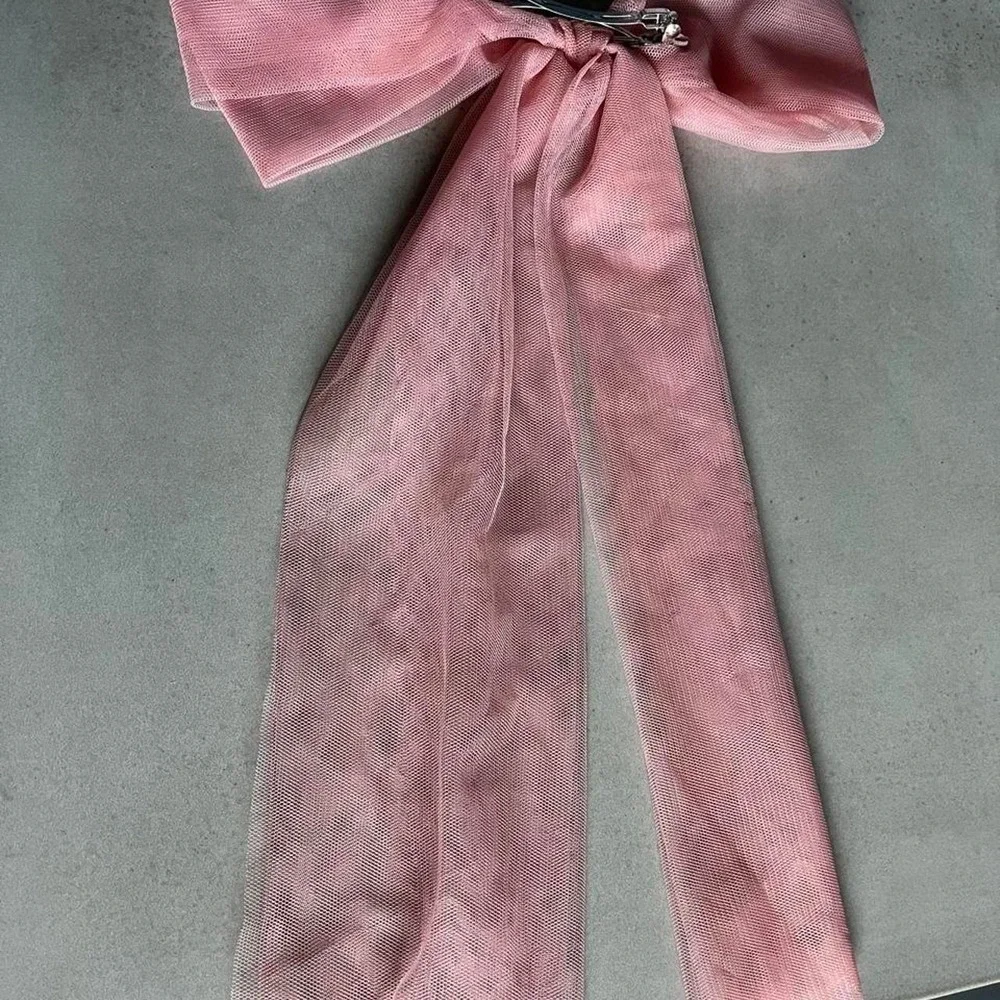 Baby Pink Preppy Tulle Mesh Hair Bow Long Tails Clip